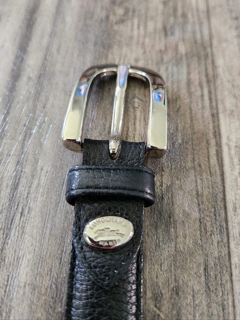 Vintage Longchamp Black Leather Belt with Silver Buckle Made In France